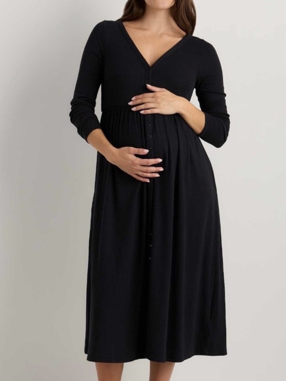 Quince Bamboo Rib Maternity Long Sleeve Button Front Midi Dress Black Medium